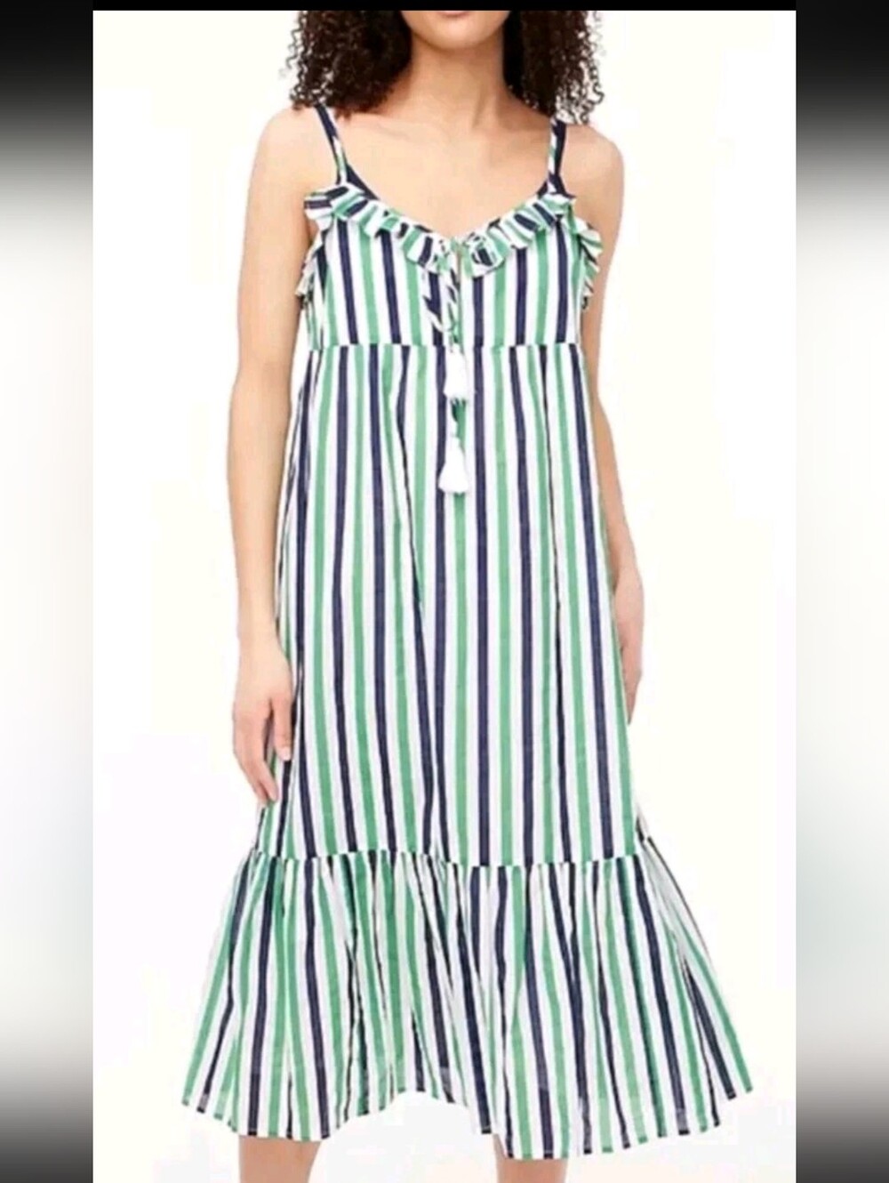 J Crew Factory 100% Cotton Strappy Sundress Ruffle Dress Green Navy Stripe M
